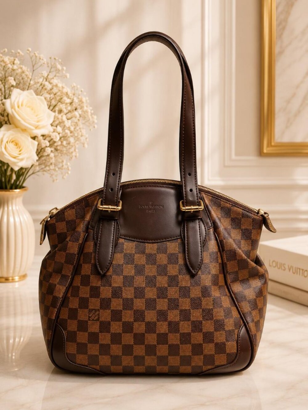 Authentic Louis Vuitton Verona MM Damier Ebene Shoulder Tote Handbag Brown